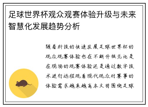 足球世界杯观众观赛体验升级与未来智慧化发展趋势分析