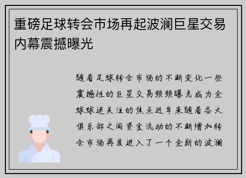 重磅足球转会市场再起波澜巨星交易内幕震撼曝光